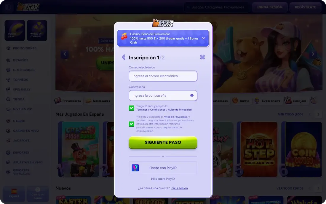 registro en el casino spinbara